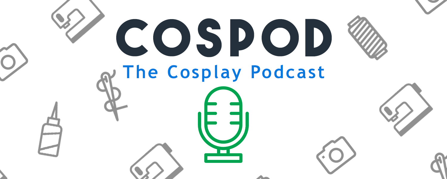 An image of the CosPod logo, featuring dark blue/black text: CosPod Light blue text: The Cosplay Podcast And a light green microphone icon. This sits on a white background with various light grey icons featuring cosplay-related items.